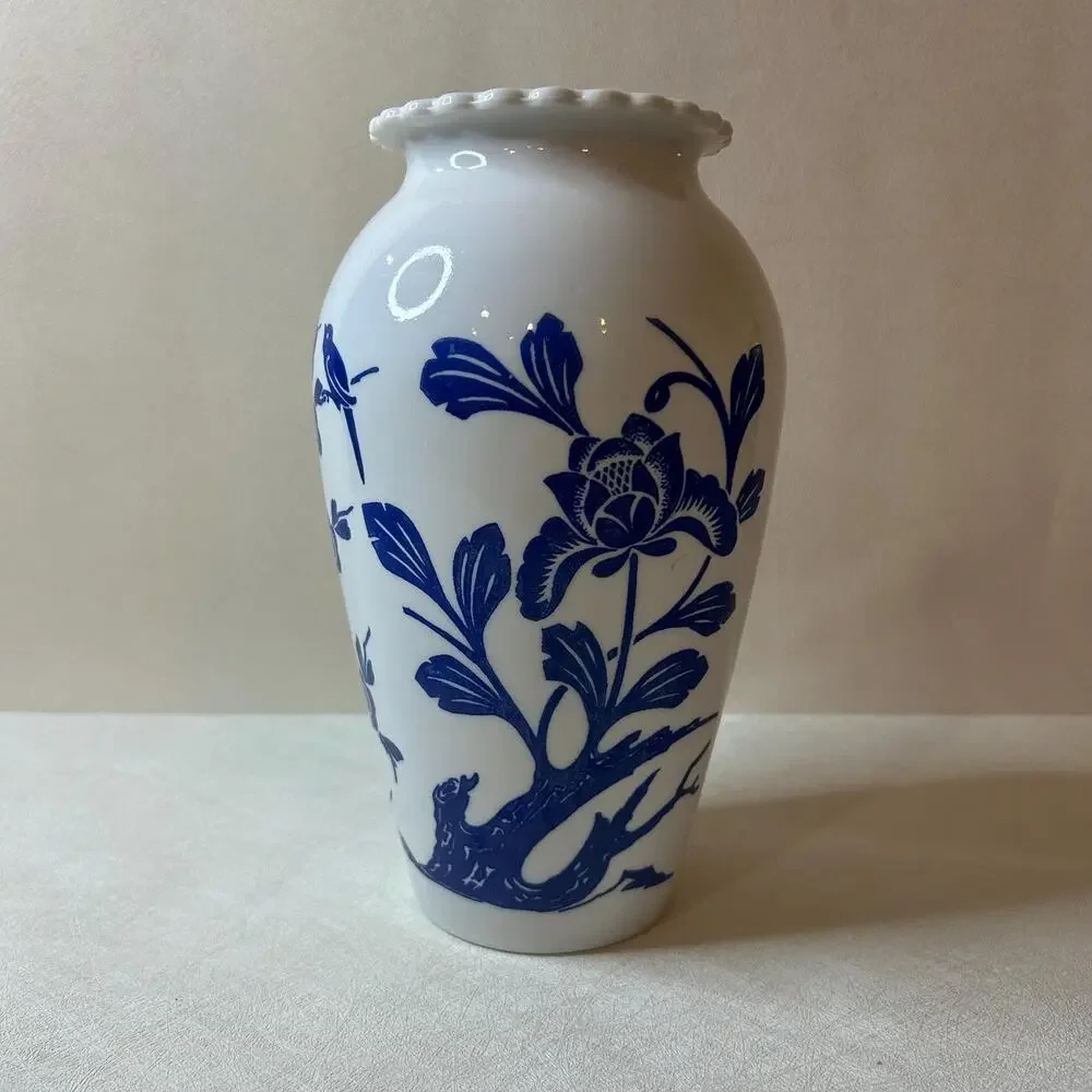 Vintage Blue and White Porcelain Bird and Floral Vase, Chinoiserie